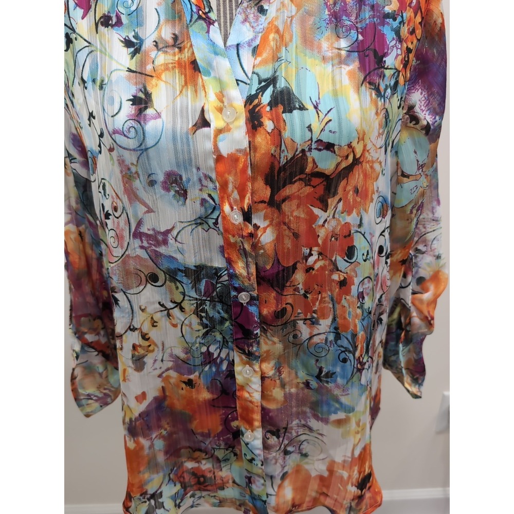 Chico's 2 or L Top NWOT Floral Sheer Lite Wgt Button Up Shirt Tab Sleeve Airy - Picture 3 of 10